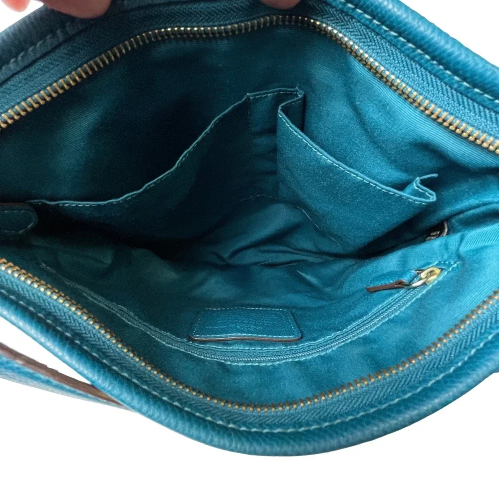 Coach Women Signature Monogram Crossbody Bag Purse Brown Teal Leather Trim *Flaw